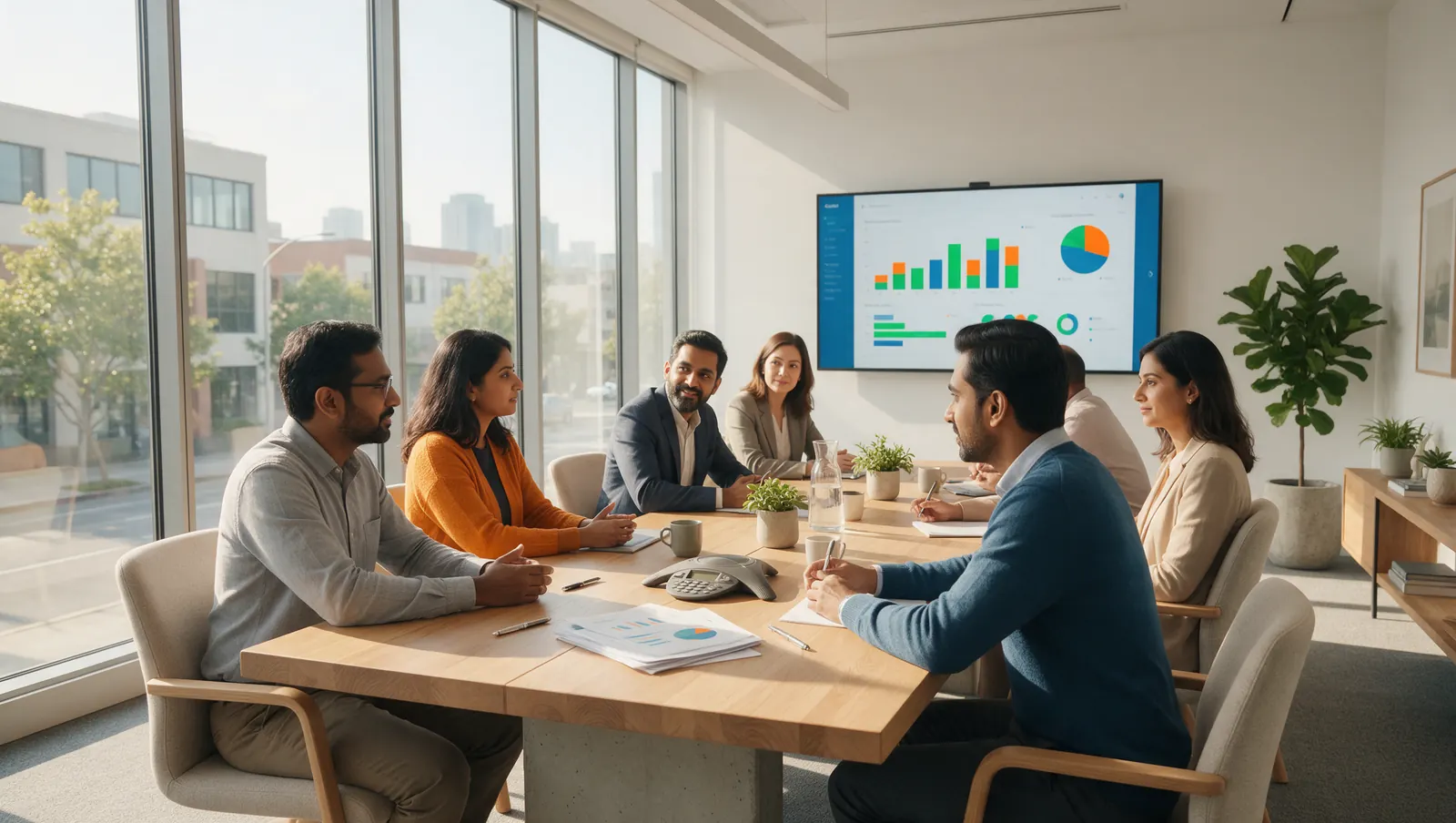 Professionals in discussion around a conference table, with business performance dashboards on a wall screen