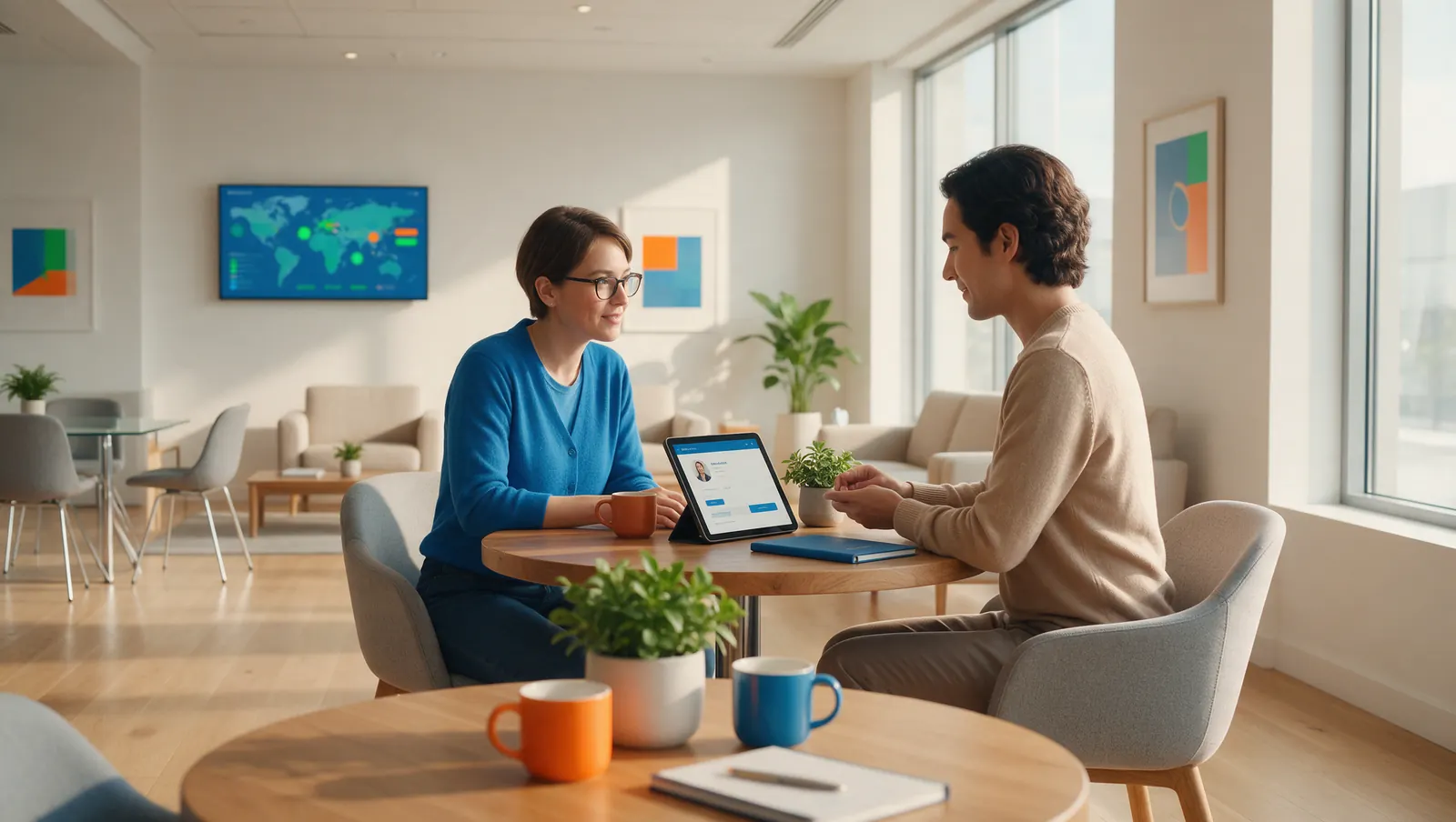 Two professionals in a one-to-one conversation at a table, a tablet between them