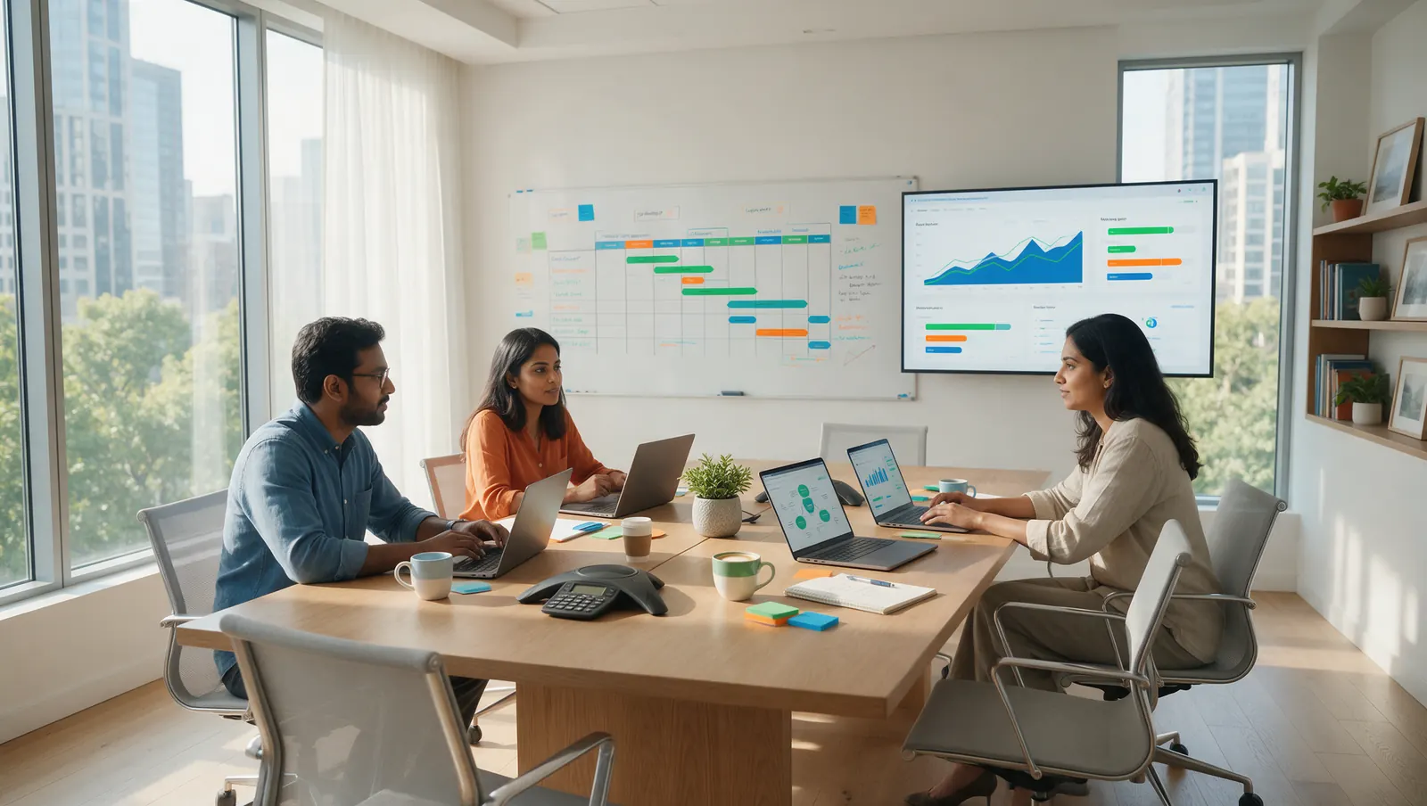 A team collaborating at a table with laptops, a project timeline on the whiteboard and dashboards on a screen