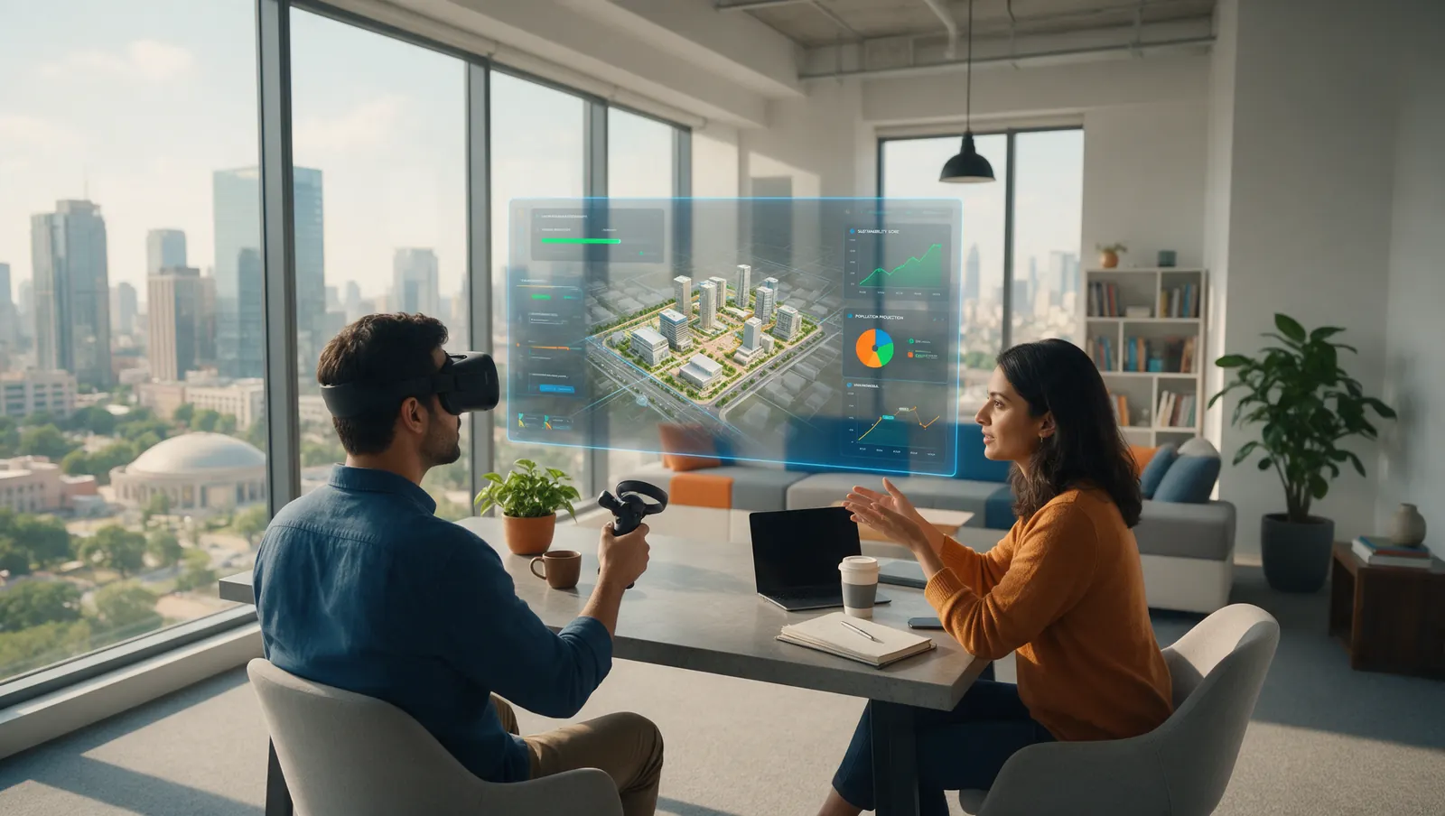 A professional wearing a VR headset reviews a holographic city-development model and analytics with a colleague