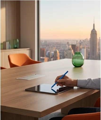 A hand writing on a tablet at a boardroom table overlooking a city skyline