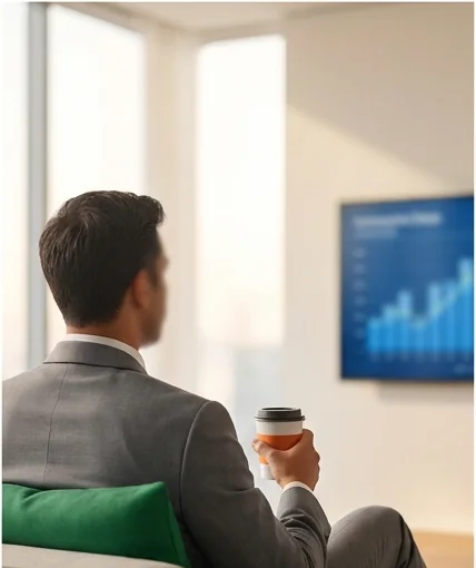 A professional with a coffee in a business lounge, a data display on the wall behind