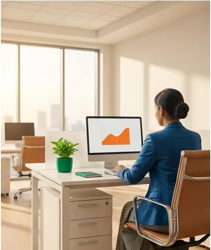 A professional working at a desk in a bright open-plan office