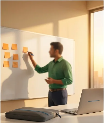 A professional arranging notes on a whiteboard in a collaborative workspace